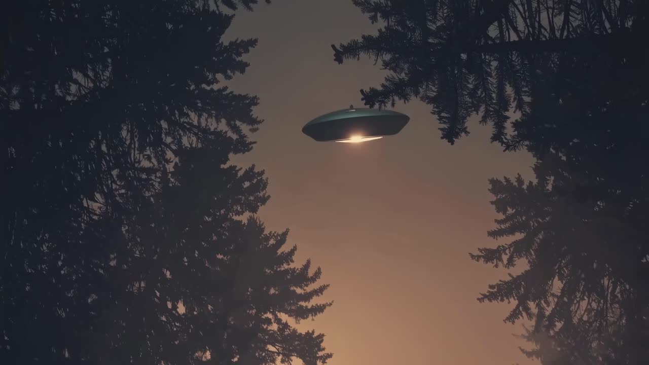 A mysterious UFO hovers above a forest at dusk, captured from a low angle