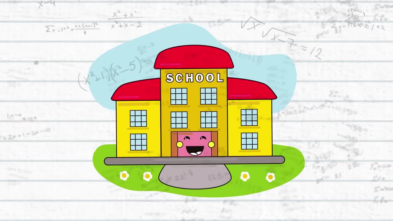 학교 건물의 아이콘이  ⁇  줄로 된 종이 위에 떠 있는 수학 방정식 위에 있습니다.