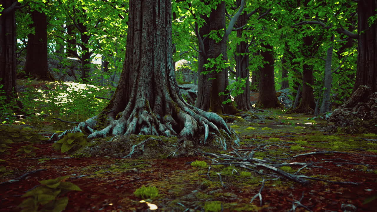 Roots intertwine with earth in a lush green forest during daylight hours