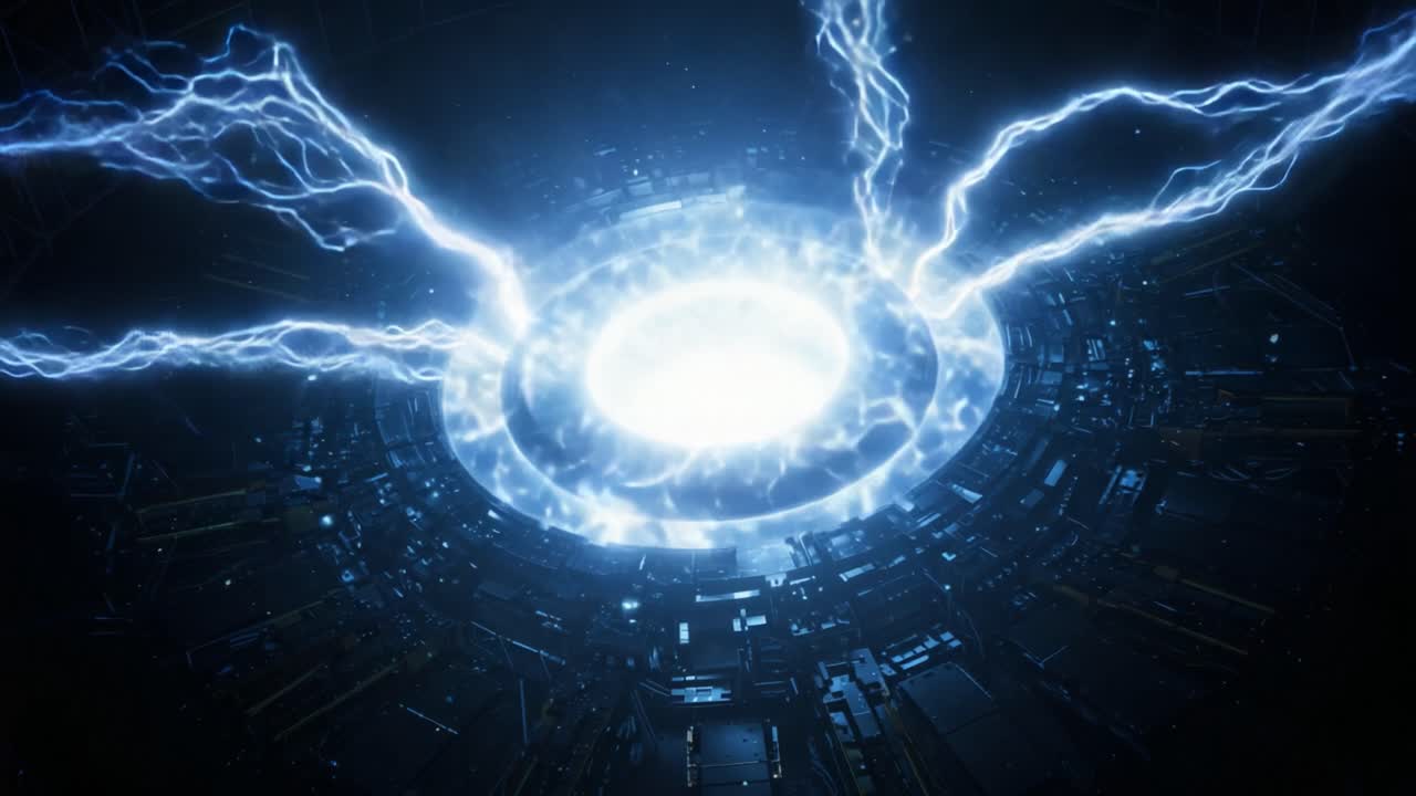 Portale energetico misterioso: un viaggio visivo attraverso forze elettriche e modelli di energia dinamica in un ambiente futuristico caratterizzato da fulmini scintillanti