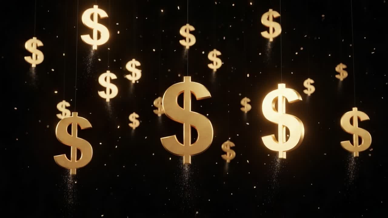Karanlık bir arka plana karşı düşen göz kamaştırıcı altın dolar işaretleri dizisi; zenginliği, refahı ve paranın cazibesini yansıtan, finansal sembollerin ilgi çekici bir görsel şöleni.