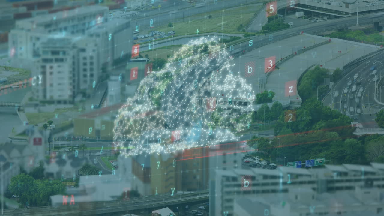Animation of data processing and cloud over cityscape