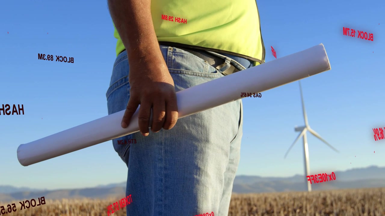 Técnico de campo inclinando plantas enquanto a câmera se afasta, rótulos vermelhos flutuando sobre ele para levantamento de turbinas