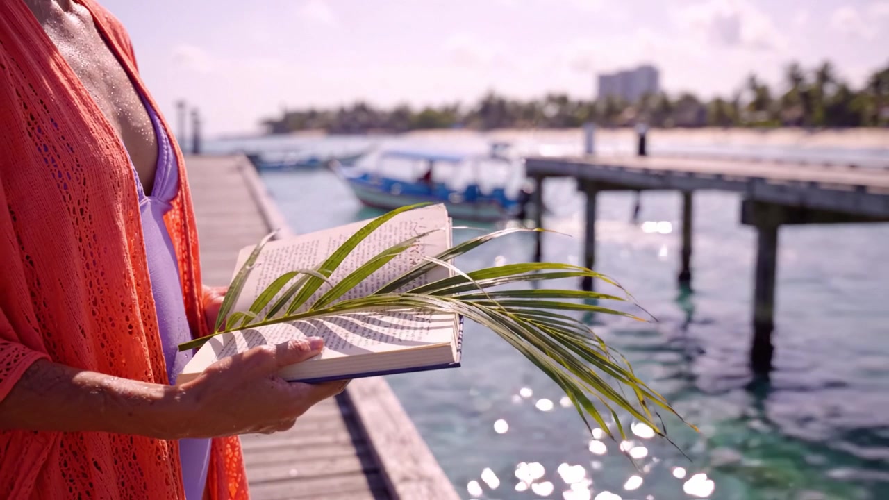 A serene moment by the waterfront as a person holds a book adorned with leaves, absorbing the beauty of nature and tranquility at a tropical destination.