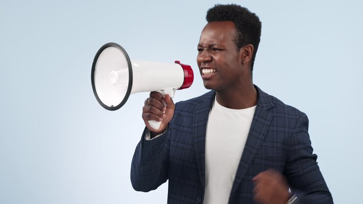 Announcement, megaphone and angry man shouting