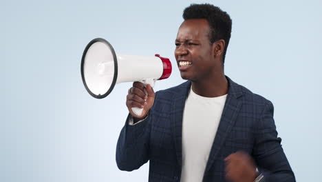 announcement, megaphone and angry man shouting