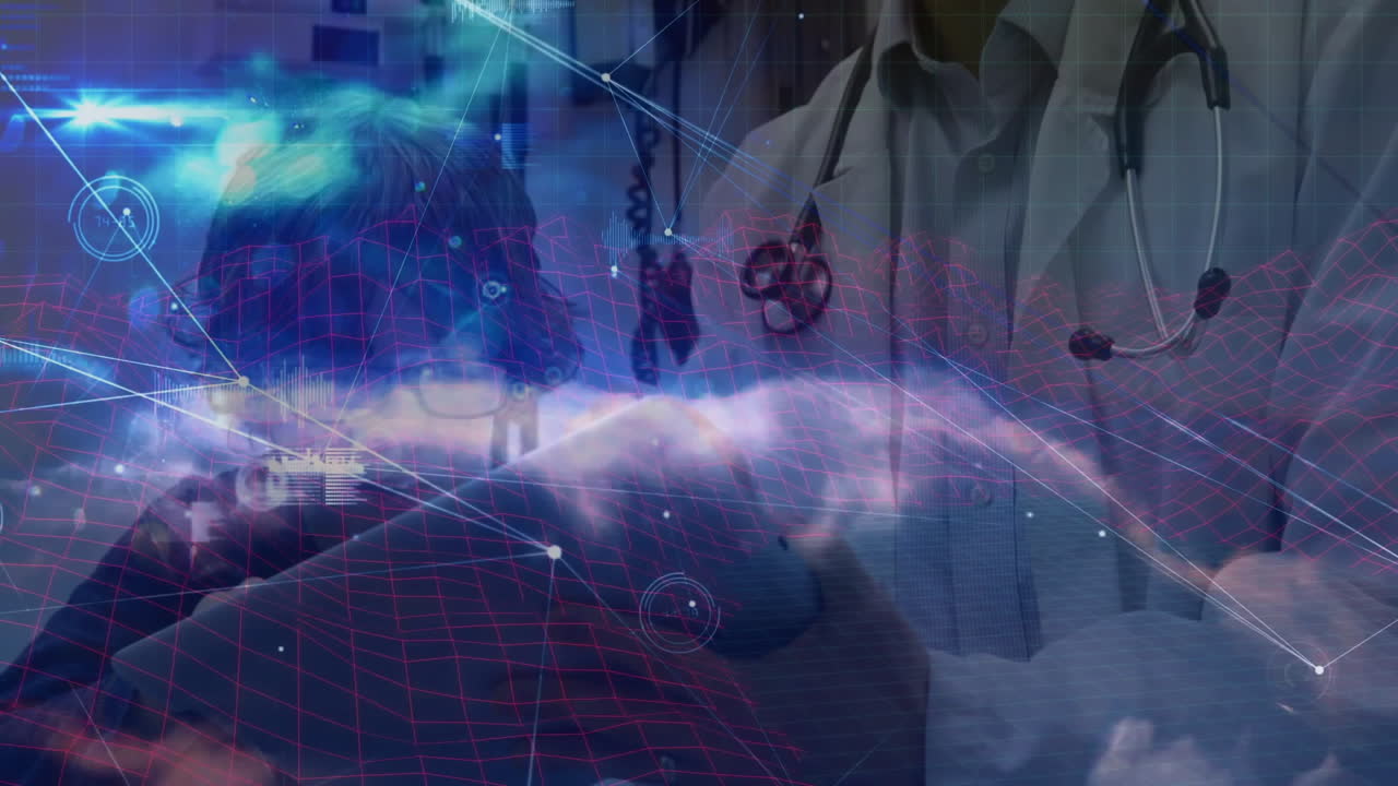 doctor wearing stethoscope guiding patient wearing VR set in healthcare tech, showing network lines