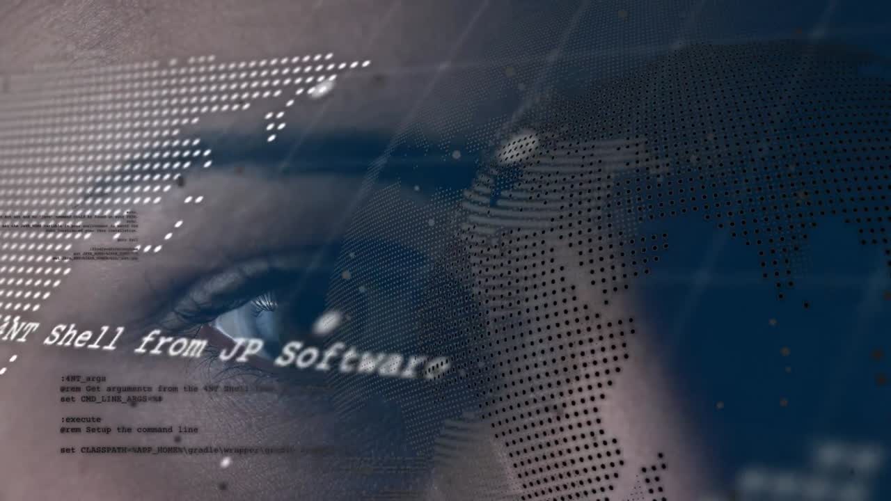 animación del mapa del mundo, procesamiento de datos y ojos de mujer caucásica