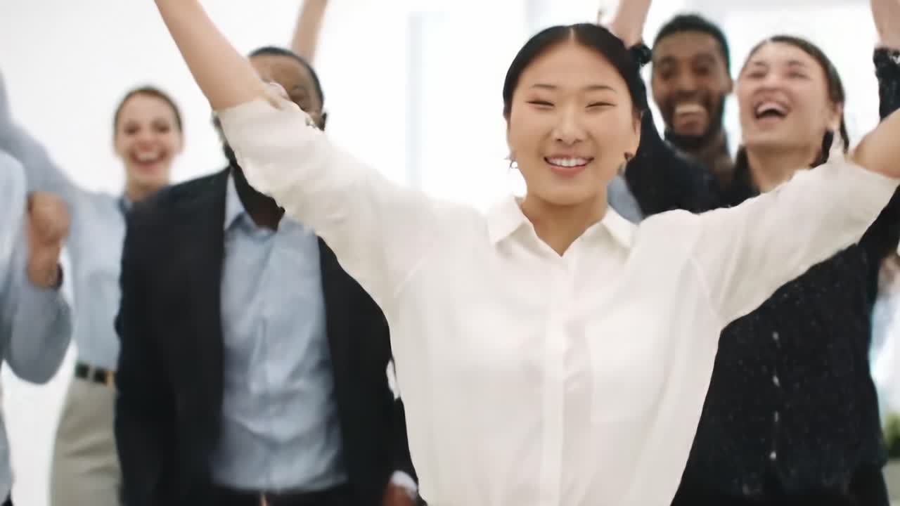 Celebrating Success Together: A Joyful Group of Colleagues Showcasing Their Excitement and Camaraderie in a Bright Workplace Environment