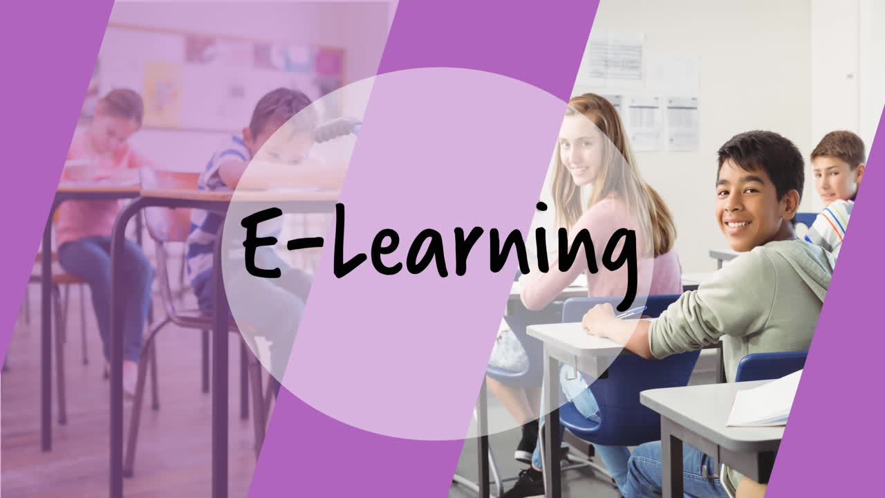 Animation of e-learning text over schoolchildren in classroom
