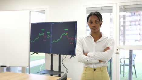 black african business woman looking at camera with a trading view graphic in the background serious face expression