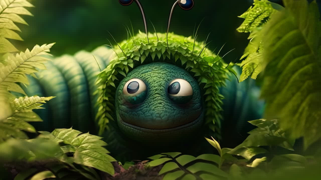 A green caterpillar is sitting in a leafy green forest. The caterpillar is wearing a green suit and he is smiling