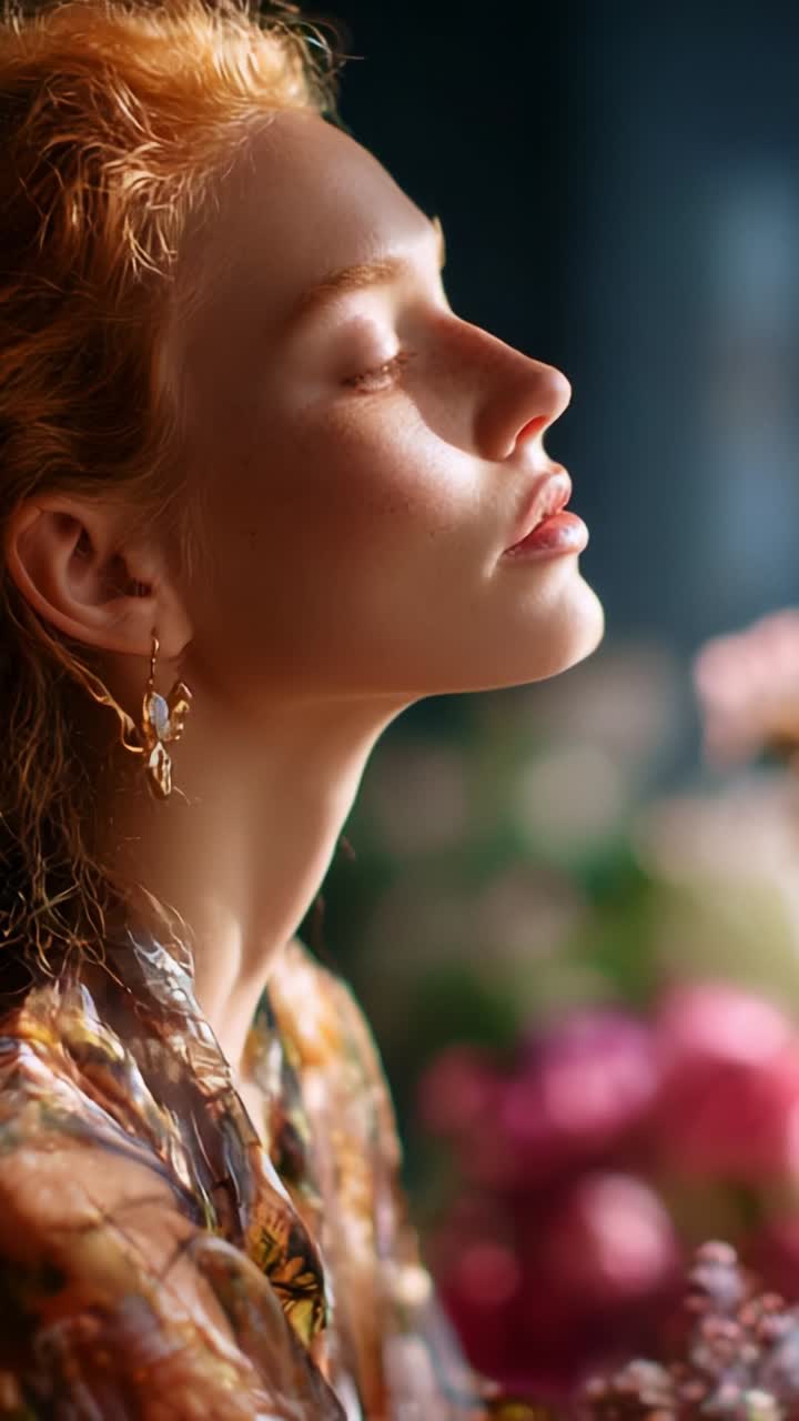 Captivating Portrait of a Woman with Flowing Red Hair and Floral Accents, Exuding Serenity and Elegance in a Softly Lit Environmental Setting
