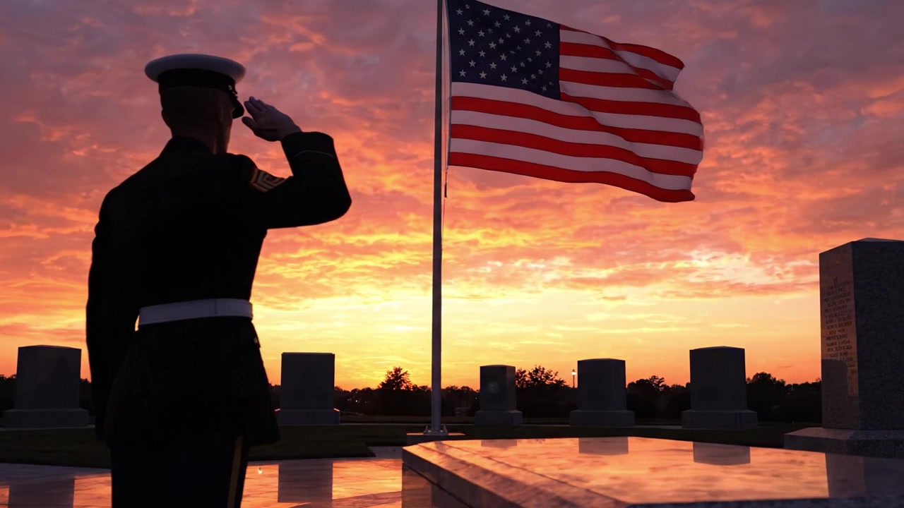 Un solenne tributo al tramonto mentre un soldato saluta la bandiera americana, incarnando onore, sacrificio e rispetto in un sereno ambiente commemorativo contro un cielo colorato.