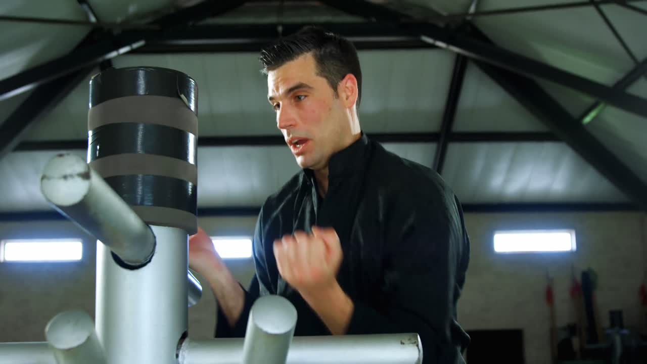 ⁇ 푸 파이터가 목조 인형 4k와 함께 무술을 연습하고 있습니다.