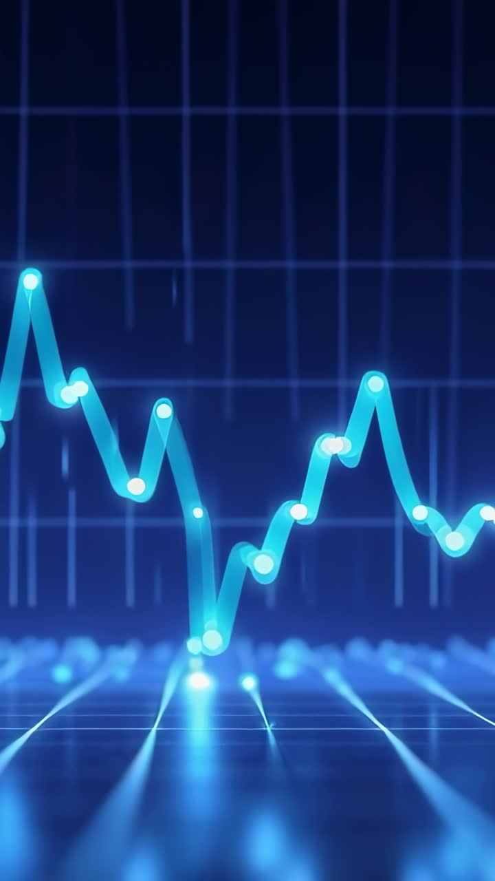 Vertical video: On startup, cyan line graph scrolling on blue grid, pulsing nodes revealing trends