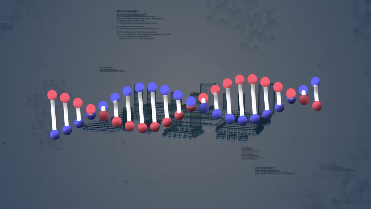 DNA strand and binary coding, scientific data processing animation