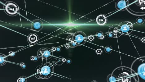 animation of network of digital icons over green light spot moving against black background