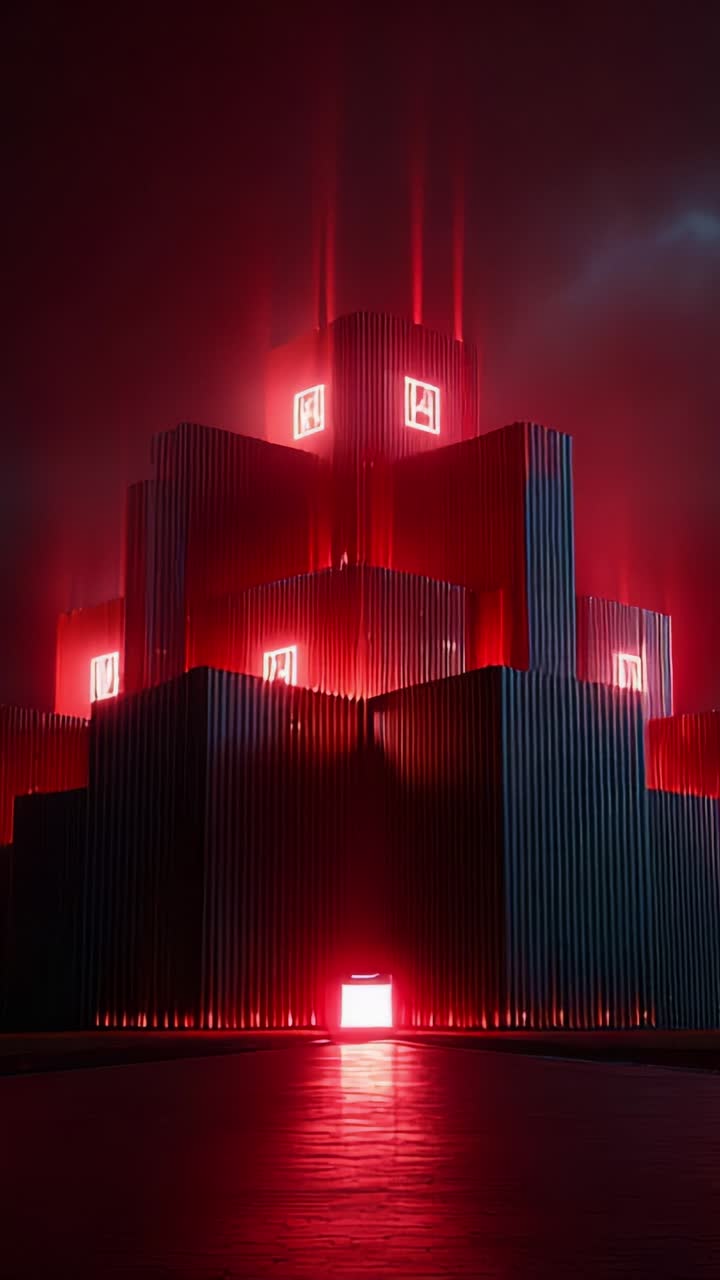 A striking visual of a towering structure illuminated by vibrant red lights and surrounded by a misty atmosphere, creating a captivating appearance of mystery