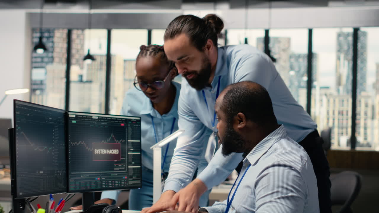 Teamworking traders in office work together to resolve hacker security alert