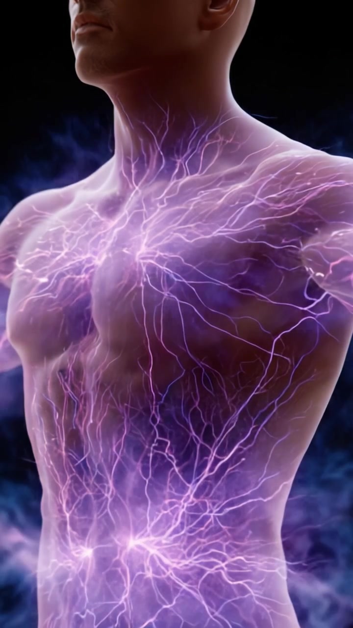 A Stunning Representation of Energy Flowing Through the Human Body Demonstrating Vitality, Strength, and Connection to the Universe with Colorful Electric Patterns