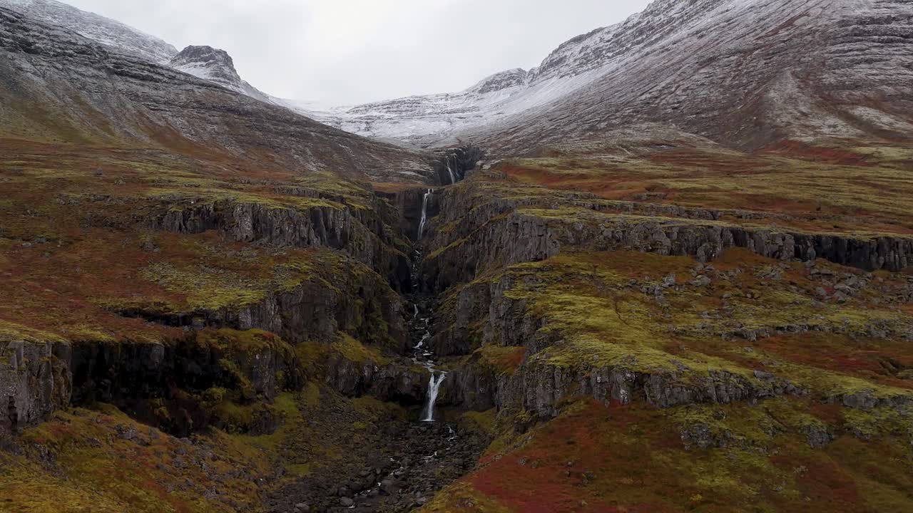 Majestic Waterfall in Snowy Icelandic Mountains