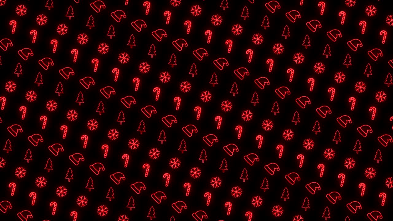 fondo de patrón de navidad de neón de árbol de navidad, copo de nieve, sombrero de santa y bastón de caramelo en animación de bucle rojo y negro