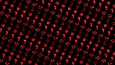 fondo de patrón de navidad de neón de árbol de navidad, copo de nieve, sombrero de santa y bastón de caramelo en animación de bucle rojo y negro