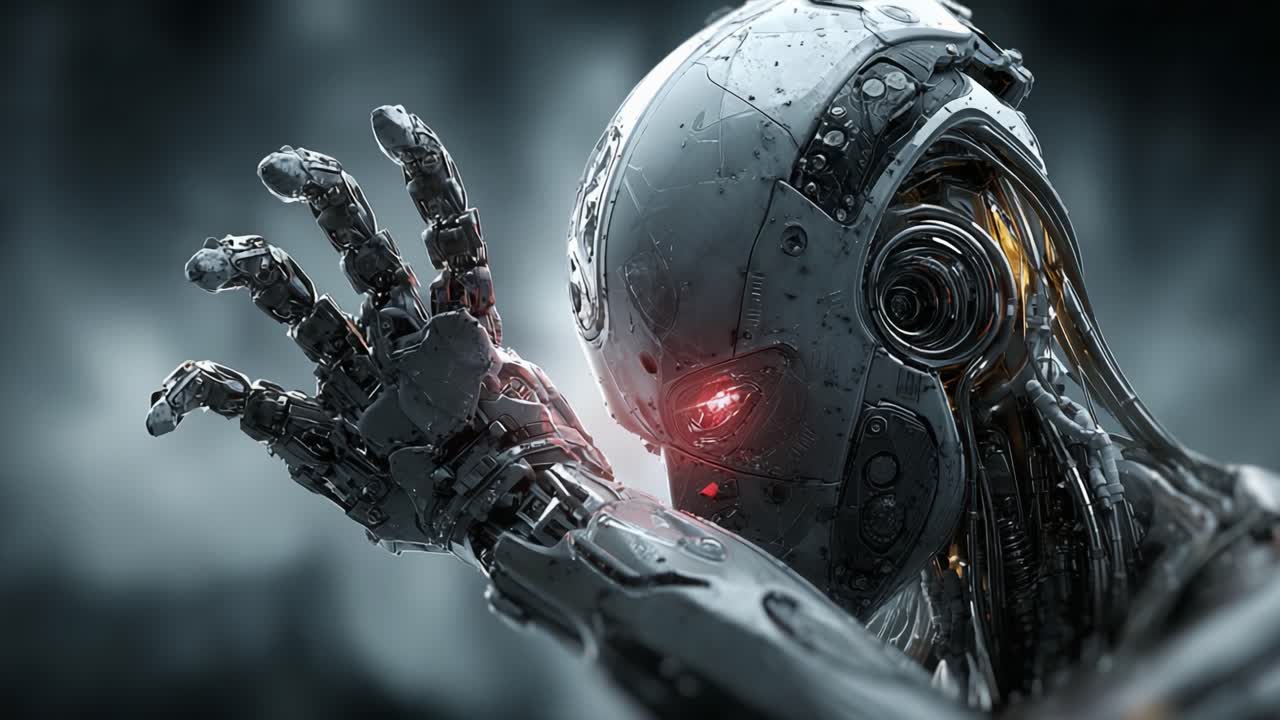 Uno sguardo intrigante a un'entità cibernetica futuristica: un essere robotico tecnologicamente avanzato con occhi rossi luminosi e intricati dettagli metallici.