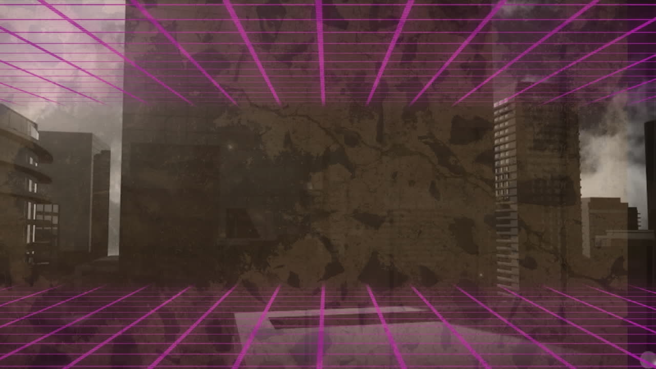 도시 풍경 위의 보라색 선의 애니메이션