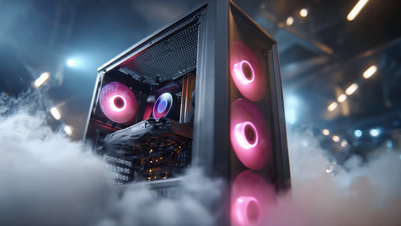 A Stunning Showcase of a Modern Gaming PC Build with RGB Lighting and Advanced Cooling, Surrounded by a Mystical Fog in a High-Tech Environment