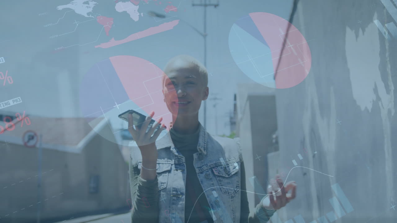 Animation of financial data processing over biracial woman using smartphone on the go