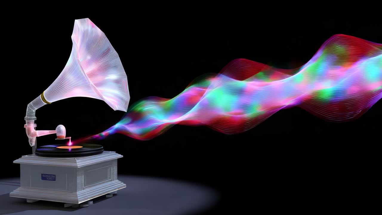 A Stunning Visual Representation of Sound: An Artistic Display of a Vintage Gramophone with Colorful Waves of Music Flowing from Its Horn, Symbolizing the Essence of Sound and Creativity
