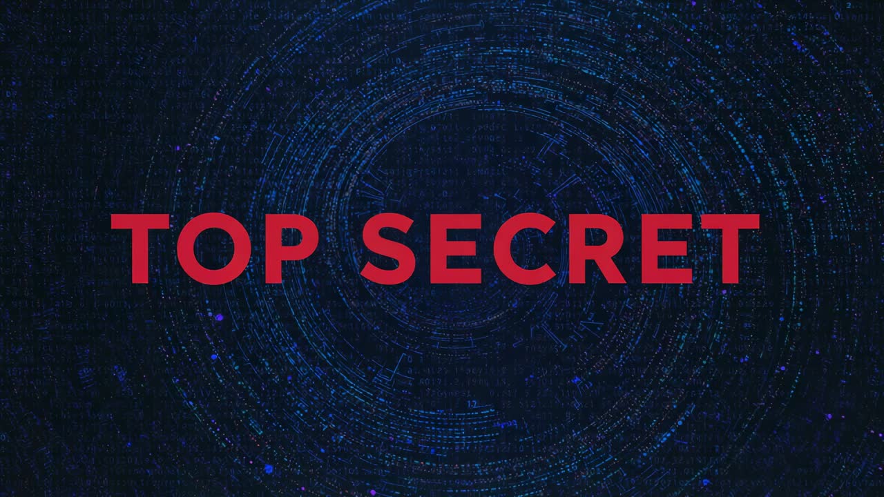 Starting TOP SECRET headline pulsing red glow on dark radar with rings, blue dots signaling secrecy