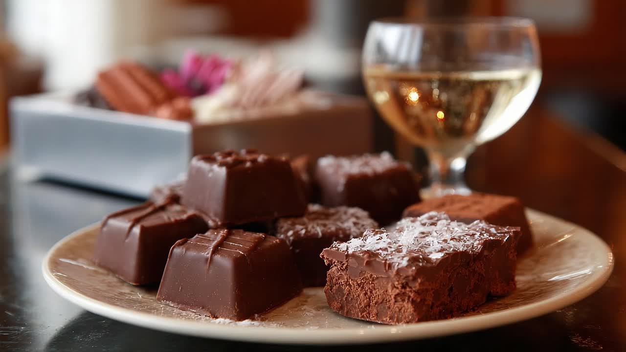 A delectable display of gourmet chocolates accompanied by a glass of white wine, showcasing the perfect pairing for culinary indulgence and sensory delight
