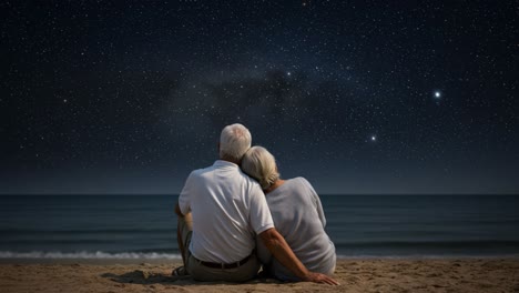 an elderly couple sits closely on a sandy beach, enjoying the tranquility of the night. the sky is filled with a stunning array of stars, creating a romantic and peaceful atmosphere. the ocean gently laps at the shore, while the couple embraces, sharing a moment of connection and serenity. their rel