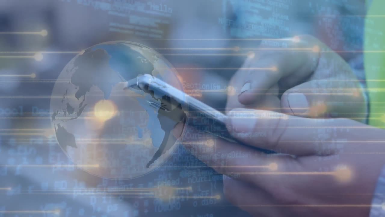 animación del globo con procesamiento de datos sobre un hombre de negocios que usa un teléfono inteligente