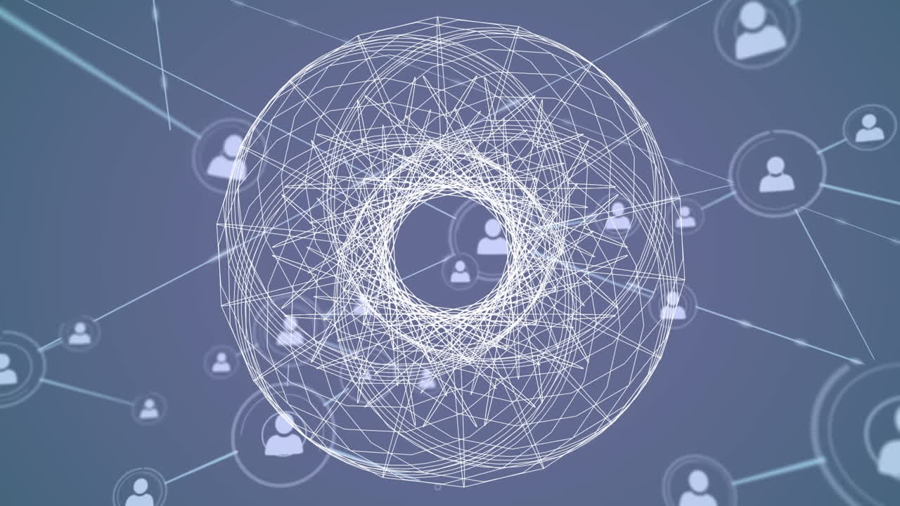 анимация сети соединений с иконами и формами на синем фоне