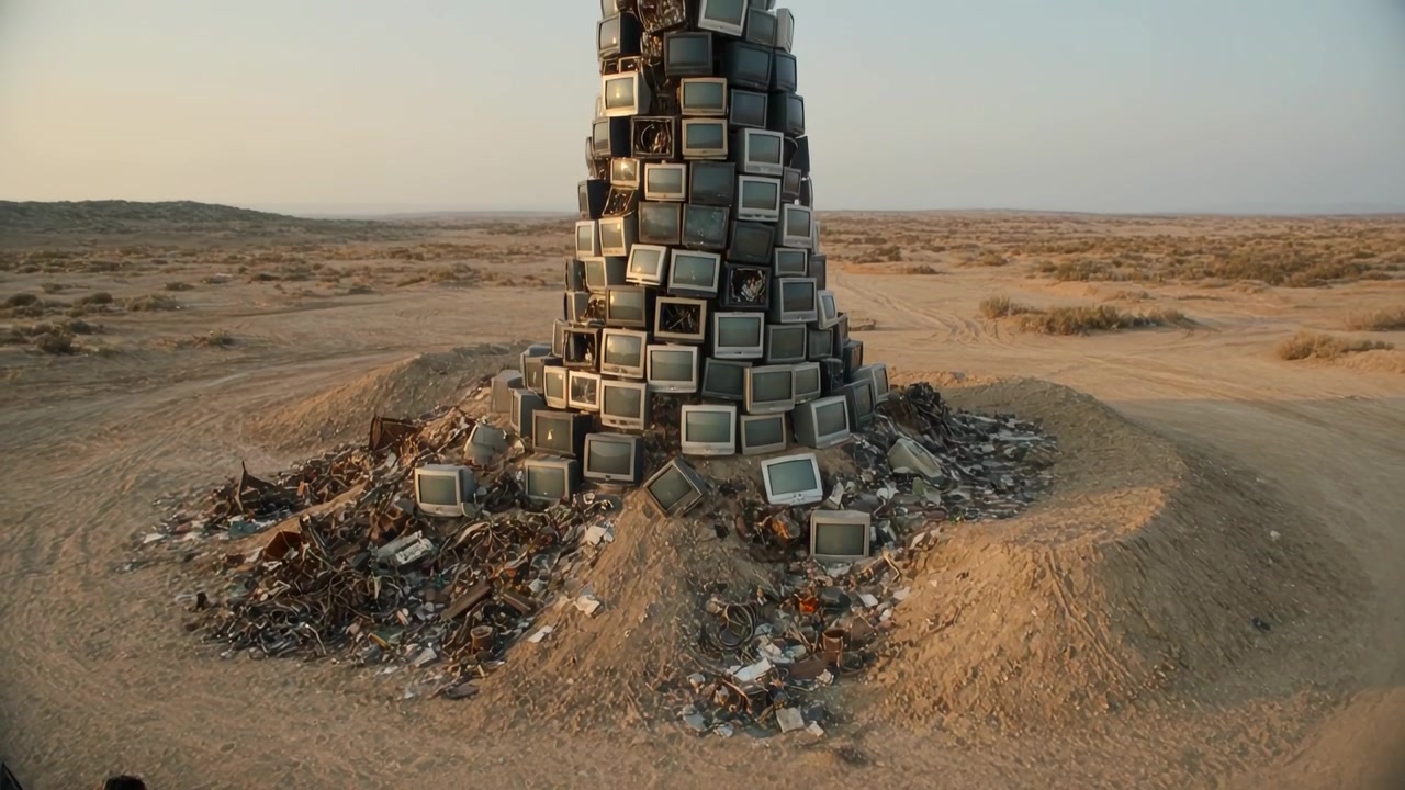 Inizio zoom lento, la telecamera avvicina una torre di televisori CRT impilati su una pianura desertica, rivelando rifiuti.