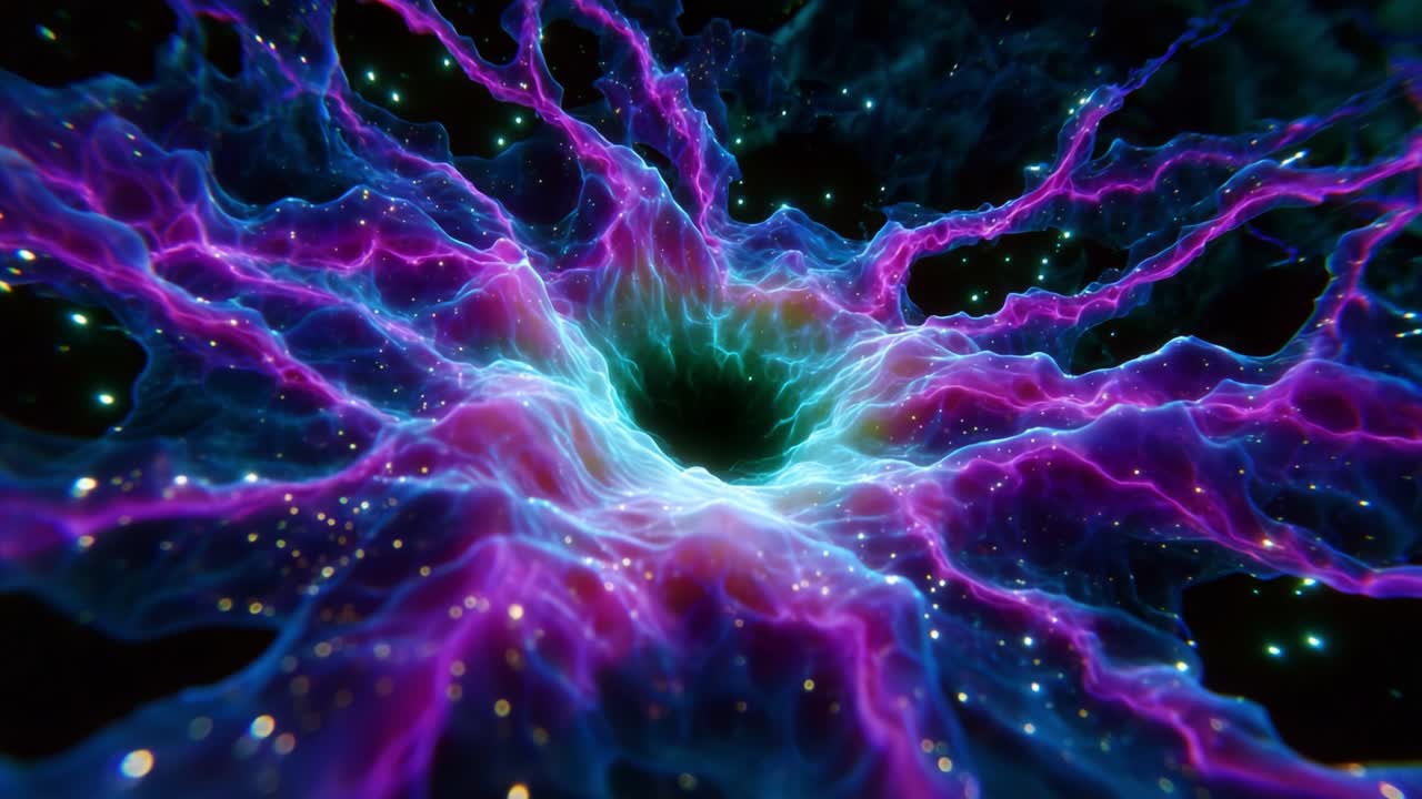 A mesmerizing blend of vibrant colors and swirling energies creates a captivating visual, depicting a cosmic phenomenon that draws the viewer into a dynamic and enchanting void of swirling purple, blue, and cosmic lights