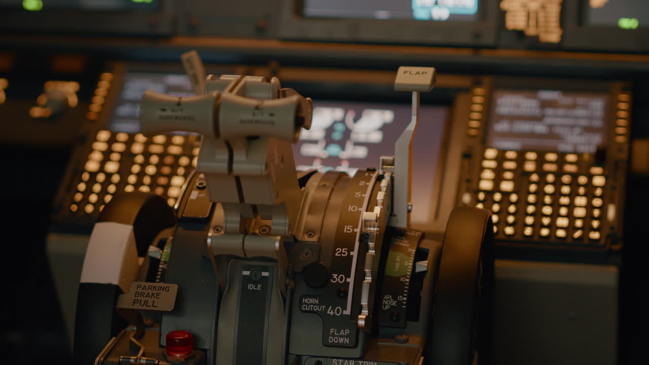 No people in empty aviation cabin with engine lever on dashboard