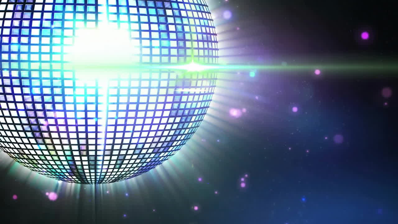 Glowing disco ball with colorful lights animation over dark background with sparkles