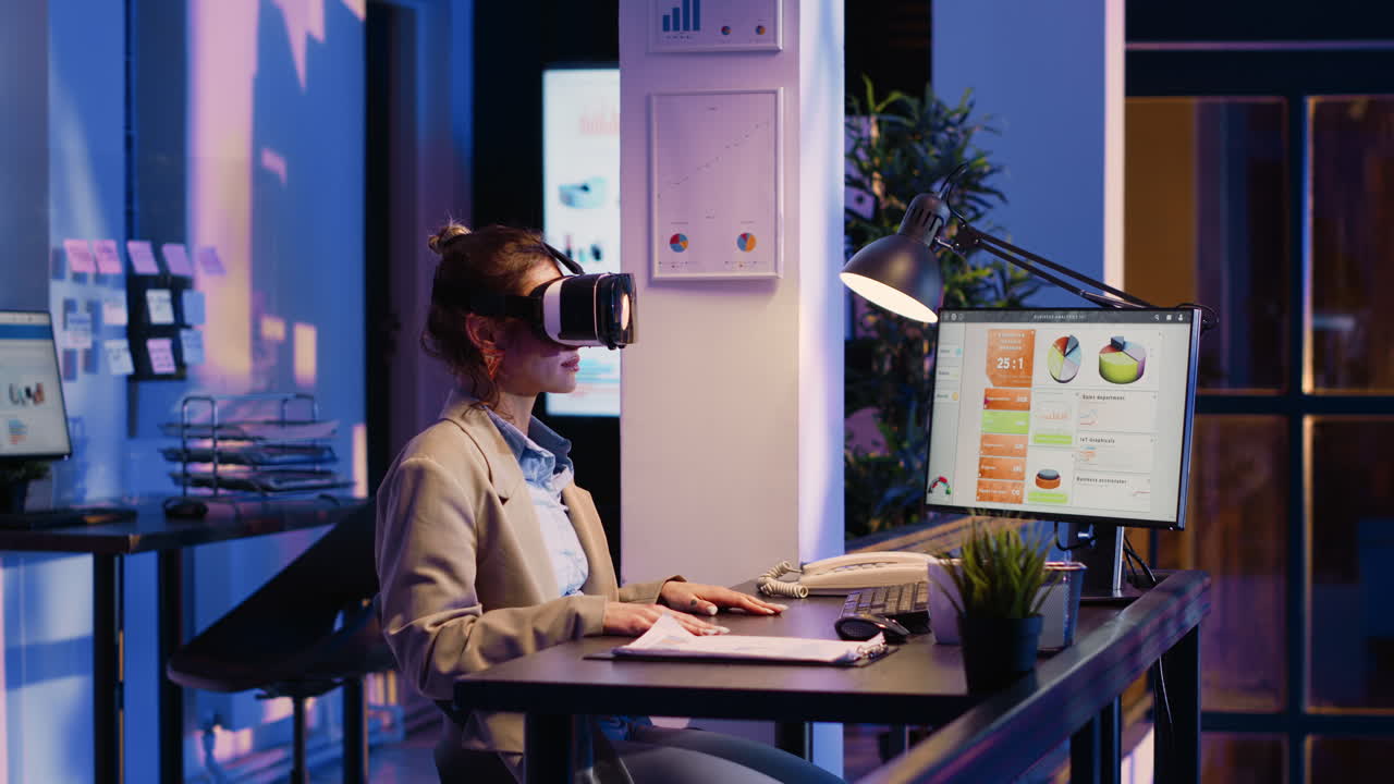 Woman using VR headset in a modern office