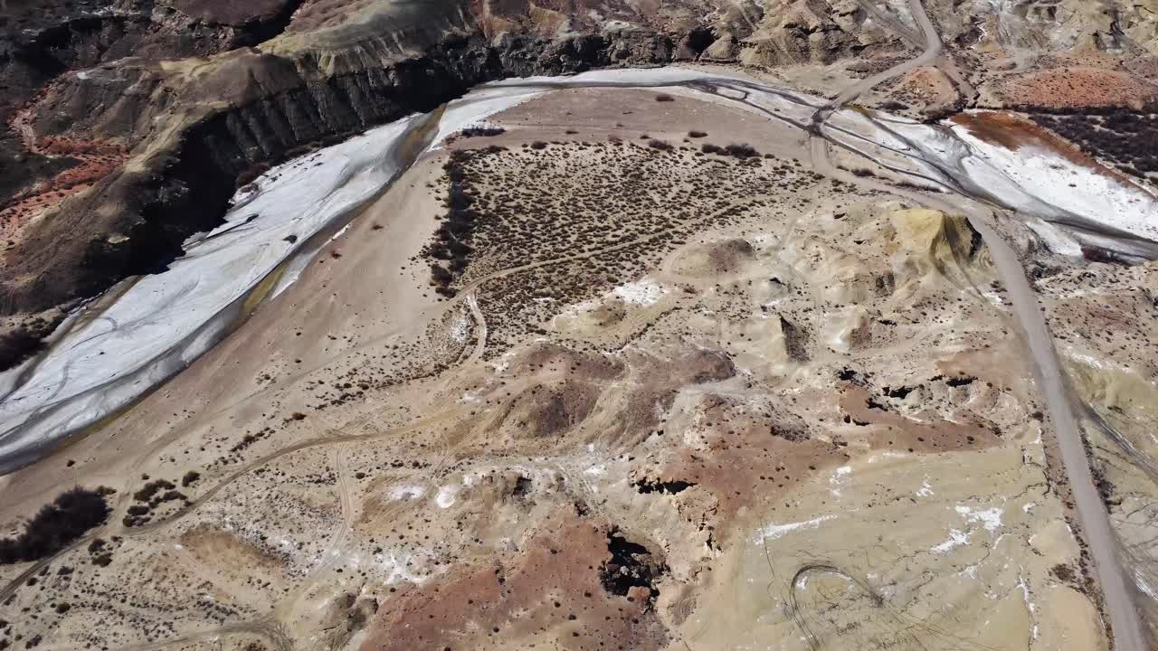 Frozen river in rocky canyon on sunny day in USA