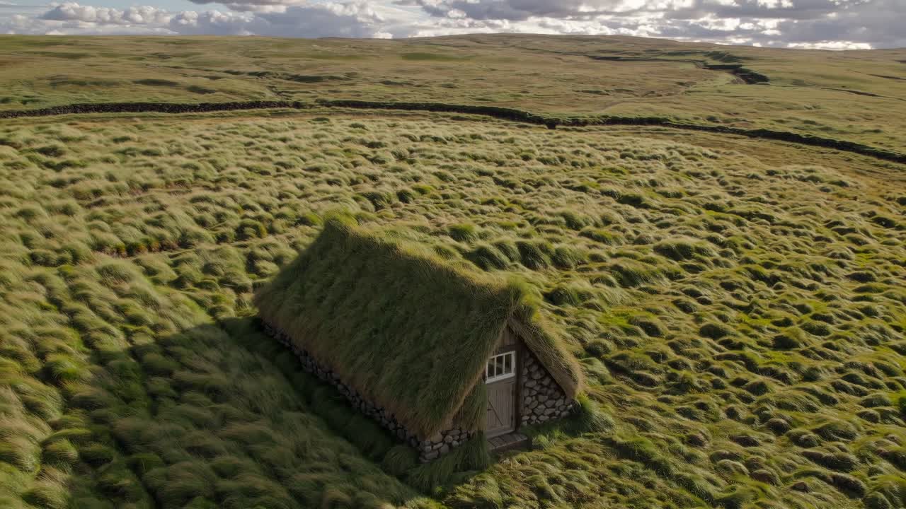 Aerial view of a rustic thatched-roof cottage surrounded by lush green grass and rolling hills, showcasing the serene beauty of nature in a tranquil landscape