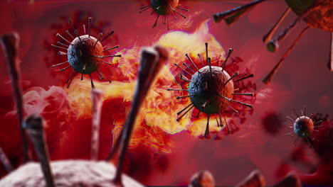 Red-biohazard-pathogen-viruses-nucleus-on-bloodcell-fire