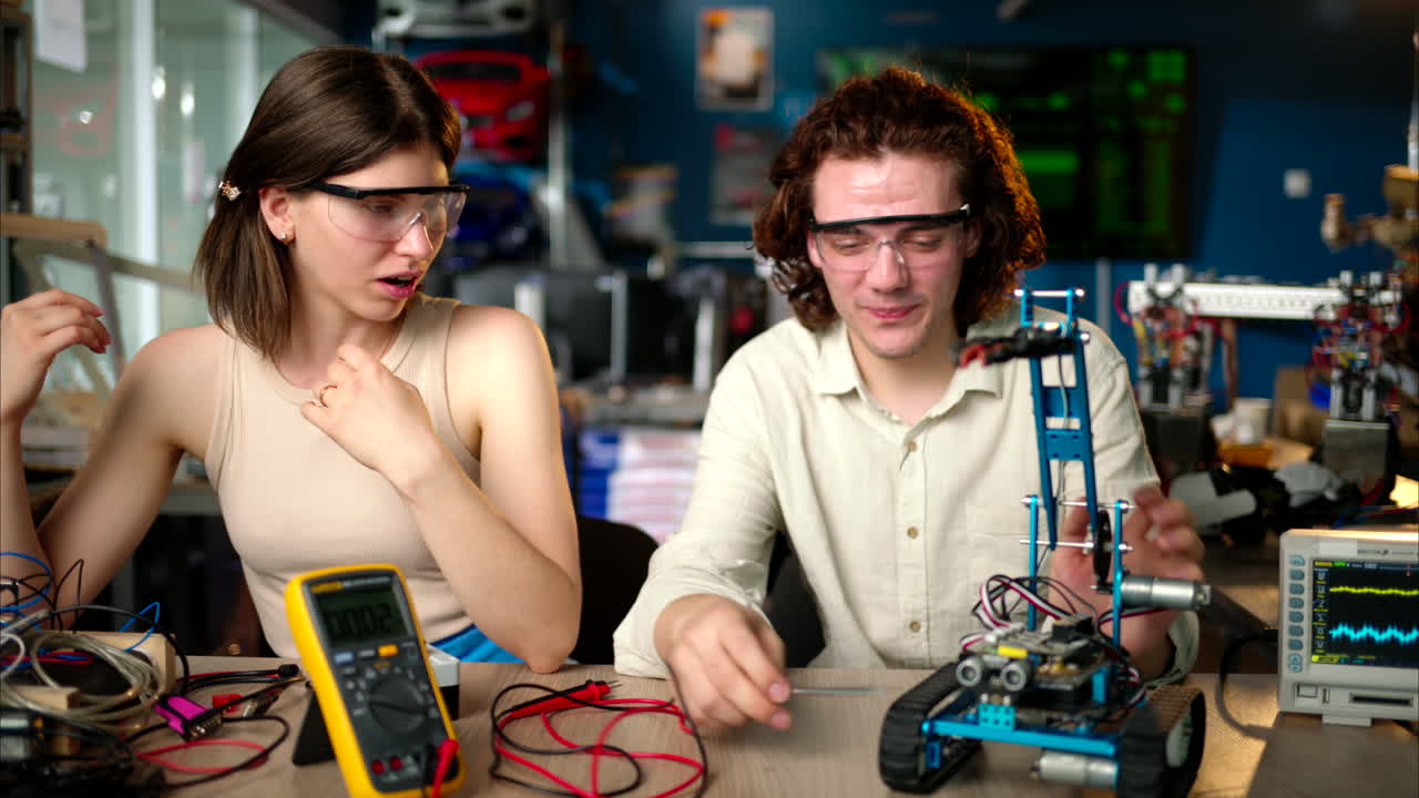 Two young happy engineers fixing a mechanical robot car in the workshop, using VR virtual reality headsets, computer programming