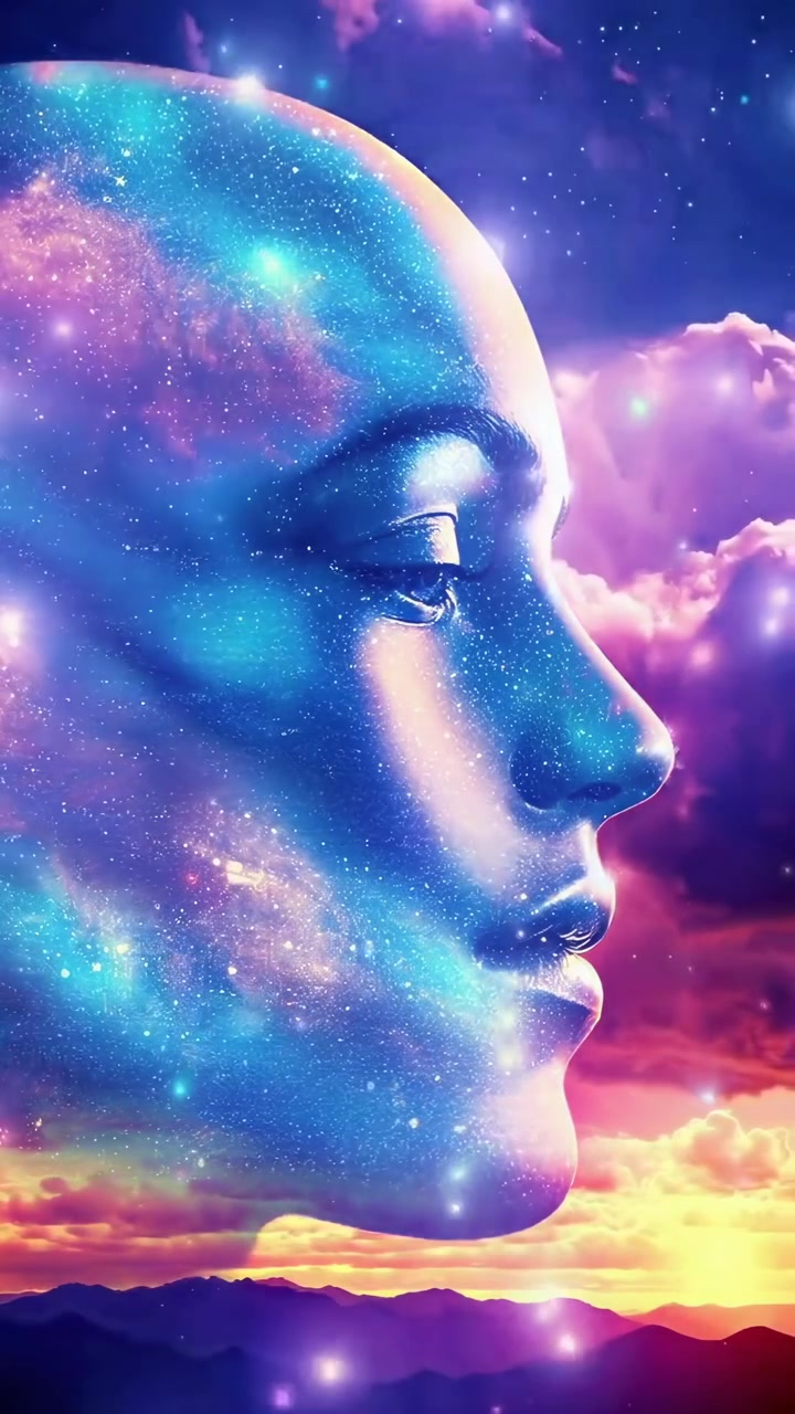 Volto umano surreale formato da una nebulosa cosmica e stelle