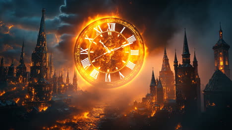 fire engulfs a clock in a dark, mystical landscape with ancient buildings