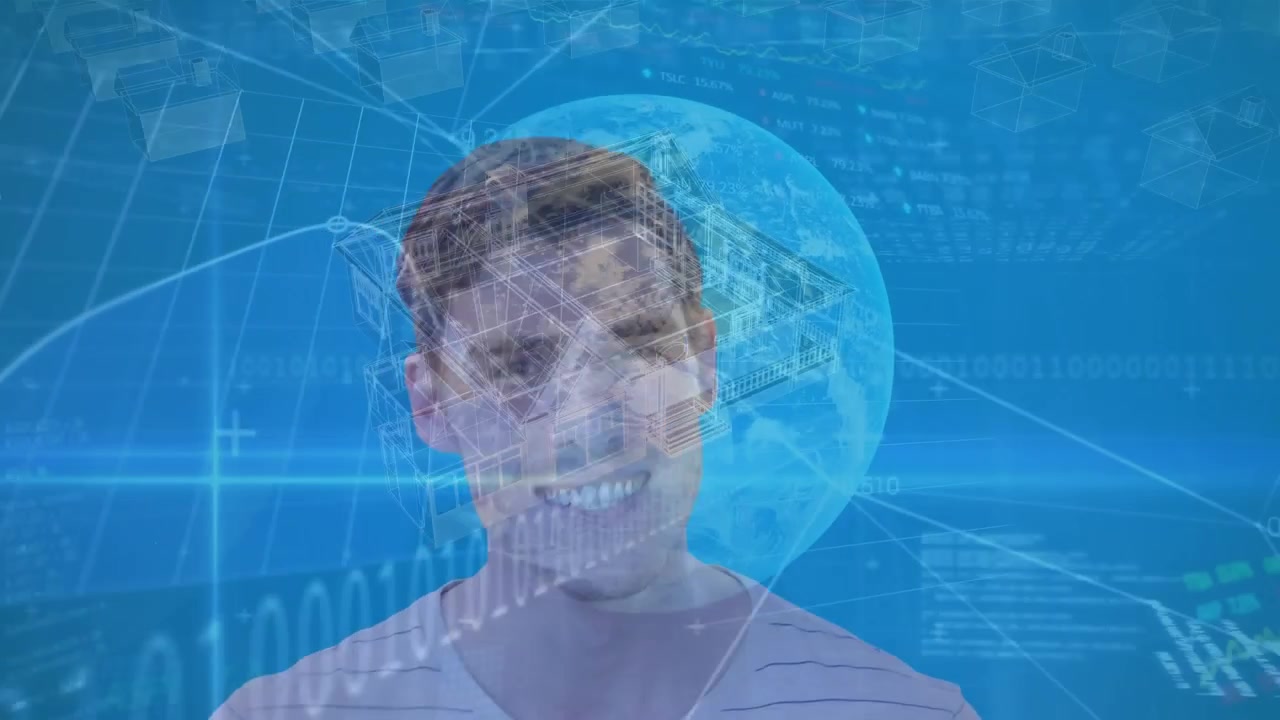 Animación de globo terráqueo, procesamiento de datos financieros sobre un empresario caucásico